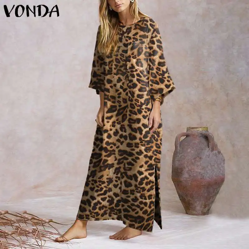 Vintage Leopard Natisnjeni Obleko 2021 Ženske Priložnostne O Vratu Dolg Rokav Obleke Plus Velikost Bohemian Stranka Vestidos Femme Sundress 5XL
