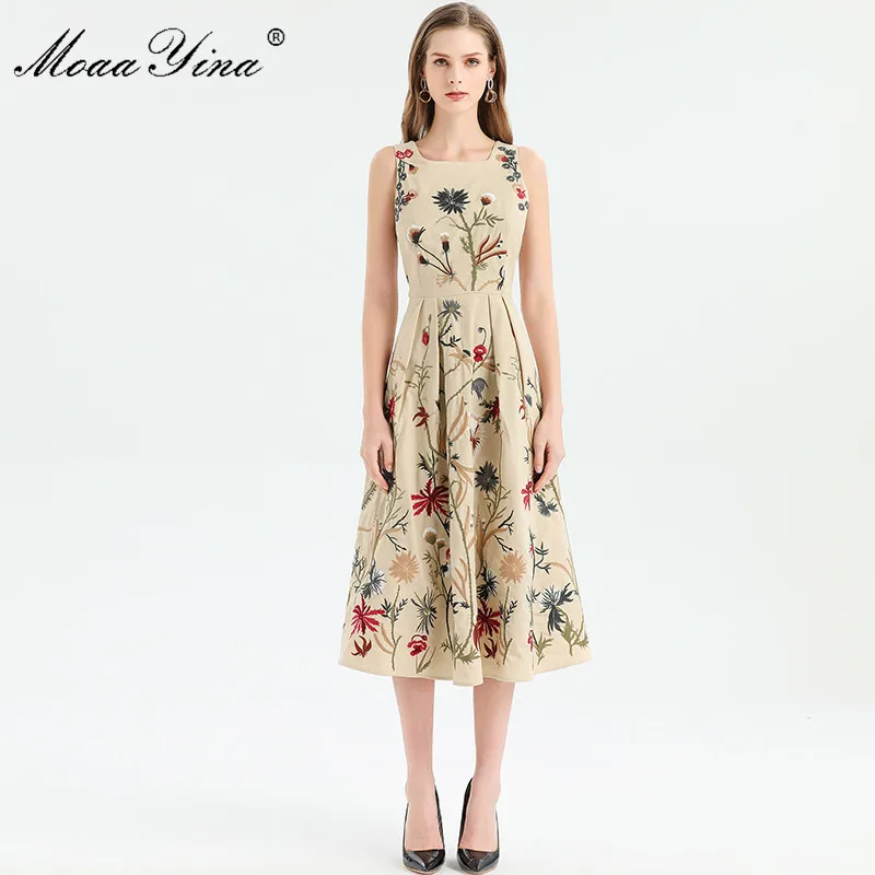 MoaaYina Modni Oblikovalec obleko Pomlad Poletje Ženske obleke brez Rokavov Cvetje Vezenje Elegantno Midi Obleke