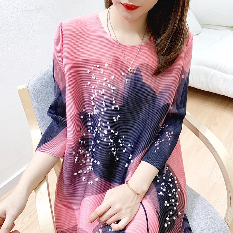 Miyake nabrano obleko 2020 poletje novo beaded A-line obleka ohlapno natisnjeni velikosti cvet obleka