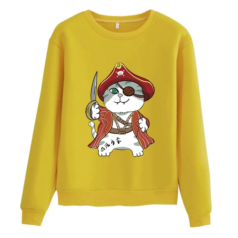 2021 Prišlekov Hoodie Ženske Pirate Cat Print Majica Ženska Seksi Harajuku Anime Kawaii Runo Prevelik Vrhovi Dresov Pull