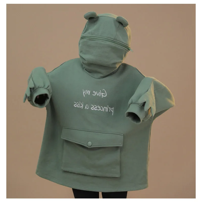 Žaba hoodie Majica Ženske Hoodies Sladko Ustvarjalne Šivanje Tri-dimenzionalni Srčkan Puloverju Žep