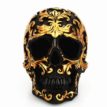 Črna Skull Head, Zlate Carving Smolo Obrti Halloween Party Človek Geeks Darilo Lobanje Kiparstvo Okraski Doma Dekoracijo Miniature