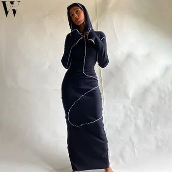 WYHHCJ 2021 Reverzibilna slog Črte Hooded Mozaik Suh Maxi Obleko Jeseni, Pozimi Ženske Ulične Priložnostne Obleke obleke Vroče