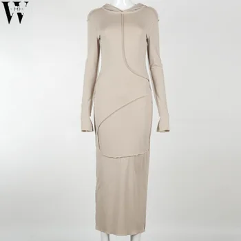 WYHHCJ 2021 Reverzibilna slog Črte Hooded Mozaik Suh Maxi Obleko Jeseni, Pozimi Ženske Ulične Priložnostne Obleke obleke Vroče