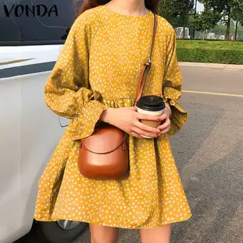 2021 Cvetlični Sundress Elegantna Mini Obleka VONDA Ženske Priložnostne Dolg Rokav Tiskanih Obleke Bohemian Obleke korejski O Vratu Vestidos