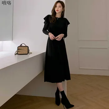 2020 Obleke Korejske Ženske Enodelne Pleteni Pulover Obleko Jeseni, Pozimi Nove Modne Ženske Dolg Rokav Naborki V Pasu Knitt Obleko
