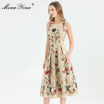 MoaaYina Modni Oblikovalec obleko Pomlad Poletje Ženske obleke brez Rokavov Cvetje Vezenje Elegantno Midi Obleke