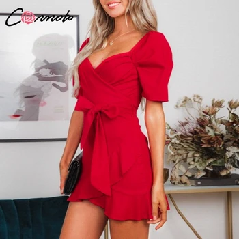 Conmoto Seksi Kratke Ženske Stranke Obleke Zaviti Seksi Feminino Obleke Polna Rdeča Retro Poletje Plaža 2019 Mini Obleka Vestidos