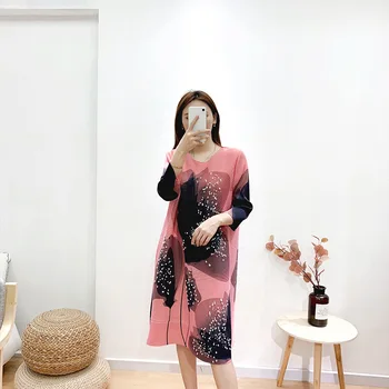 Miyake nabrano obleko 2020 poletje novo beaded A-line obleka ohlapno natisnjeni velikosti cvet obleka