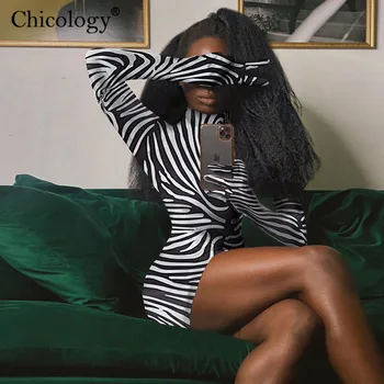 Chicology Zebra Trak Rokavice Mini Obleka 2020 Novo Bodycon Seksi Stranka Klub Obleke, Ženske Dolg Rokav Pozimi Pade Rojstni Dan Oblačila