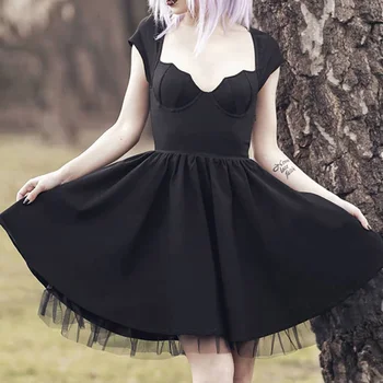 Rosetic Gothic Ženske Seksi Črno Obleko Očesa Mozaik Globoko V 2020 Poletje Priložnostne Retro Moda A Linija Obleke, Casual Japonske, Koreje