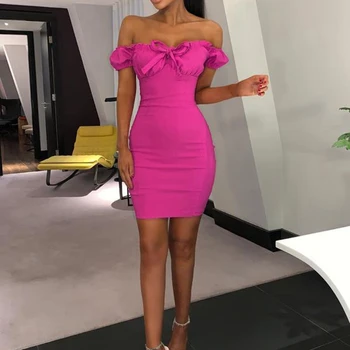 Seksi Žensk Off Rami brez Rokavov Bodycon Cocktail Party Klub Mini Obleka za Poletje 2019 Hot Pink Slim Obleke
