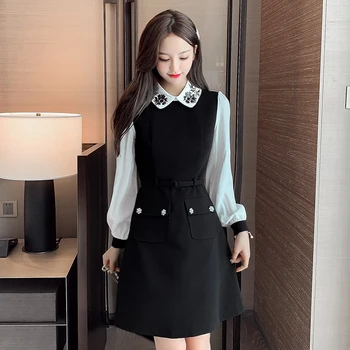 COIGARSAM Moda Polno Rokavi Ženske enodelno obleko korejski Novo Pomlad Sequins Zavoj navzdol Ovratnik Obleke Črne 8679