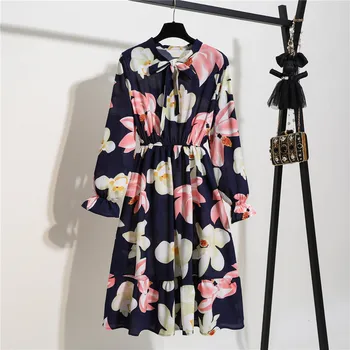 Ženske Šifon Obleko 2020 Jesen Pomlad Nov Modni Elastični Pas Long Sleeve Vintage Cvjetnim Natisniti-line Obleke, Casual Vestidos