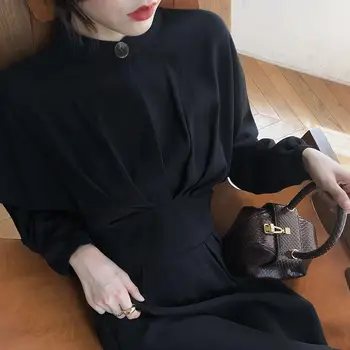 Nomikuma Ženske Elegantno Stojalo Vratu Obleko Batwing Dolg Rokav Vitek Pas A-line Vestidos Femme korejski 2020 Nove Obleke 6B343