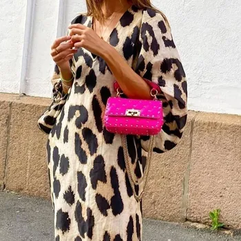 Svoboden Leopard Tiskanja Ženska Midi Obleko Tri Četrtine Luč Rokavi, V-izrez Obleke Modne Dame Poletje Antumn Ženska Oblačila