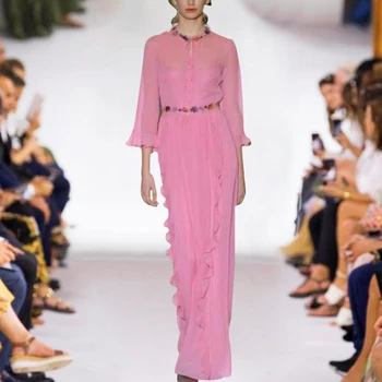 2020 Poletje Elegantno Ruffles Šifon Dolga Obleka Ženske vzletno-pristajalne Steze Oblikovalec O-vratu Dolg Rokav Nabrano Obleko Maxi