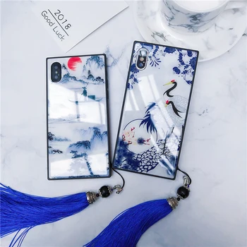 Za iPhone 12 11 Pro Mini XS Max SE XR X 8 7 Plus Primeru Kitajski BlueWhite Porcelana, Kaljeno Steklo Pokrova Trak Tassel Lupini Funda