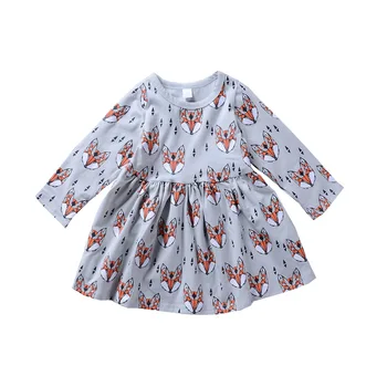 Bivanje Naivno Dekle Oblačila 2018 Padec Moda Fox Tiskanja Bombaž Obleko Z Dolgimi Rokavi Dekle Priložnostne Obleko Oblačila