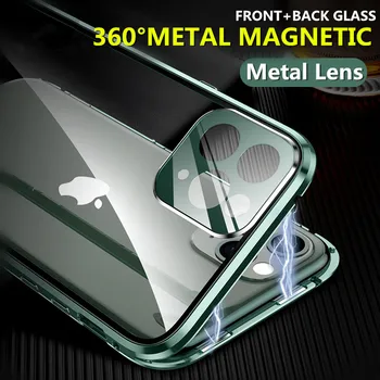 360 Magnetni Adsorpcije, Kovinsko Ohišje Za iPhone SE 11 Pro XS Max XR Dvo-Stransko Steklo Ohišje Za iPhone 7 8 6 6s Plus Magnet Pokrov