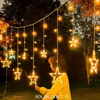 Božični okraski, Solar Powered LED Luči, Zavese z Zvezdami Lun možnost zatemnitve 8 Razsvetljavo Načini s Samosprožilcem Svjetlucati Niz Svetlobe