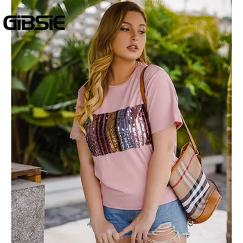GIBSIE Plus Velikost Highstreet Ženske Sequined T-Shirt 2020 Poletje Nove Ženske okoli Vratu Kratek Rokav Priložnostne Tshirt Vrhovi Oblačila