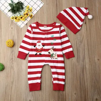 0-12M Moj Prvi Božič Baby Girl Boy Oblačila Novorojenega Dojenčka Baby Prugasta Risanka Santa Romper+Klobuk Božič Oblačila
