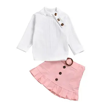 2PCS Malčke Baby Girl Jesen Zimska Oblačila z dolgimi rokavi bel Pulover Vrhovi Mini gumb, roza Krilo sladka dekleta tople Obleke Set