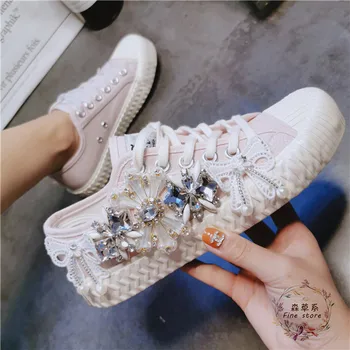 Poletje 2019 nove Evropske težka industrija nosorogovo čipke-up beli čevlji modni korejski nizko moda platno čevlji