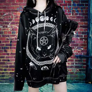 Raisevern Harajuku Punk Hoodie Pentagram Tiskanja Črno Sweatshirts Gothic Ulične Puloverji Long Sleeve Hooded Obleke Dropship