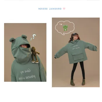 Žaba hoodie Majica Ženske Hoodies Sladko Ustvarjalne Šivanje Tri-dimenzionalni Srčkan Puloverju Žep