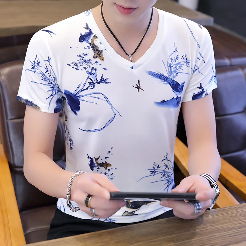 Moški Kratek Rokav T-majice Natisnjeni Udobno Dihanje Vse Ujemajo Mens korejski Slog Preprost Visoke Kakovosti Vroče Prodaje Dnevno Proti-vrat