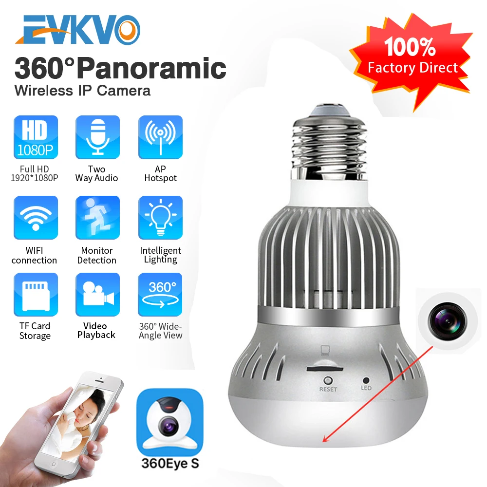 EVKVO 1080P 360 Video Lučka IP Kamero Žarnica IR Nočno Vizijo Fisheye Panoramski Doma CCTV Varnosti Mini Brezžična Wifi LED Lučka Cam