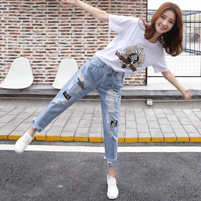 Ženske dvodelne ženske jeans divje mati jeans obleka visoko pasu korejska različica Harlan kavbojke luknjo elastični športni obleko