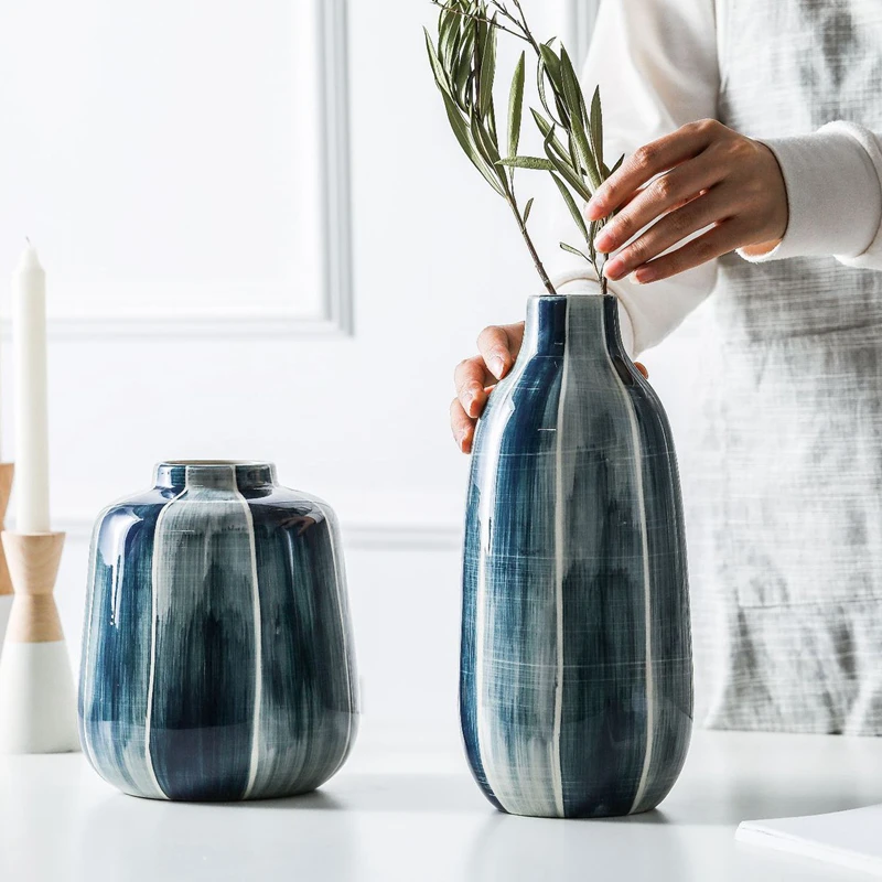 1pc Indigo Modra Keramične Vaze Enostavne Linije Vaze Dekorativne Cvetlični Vazi Centerpiece Oprema za Dom Tabela Dekoracijo