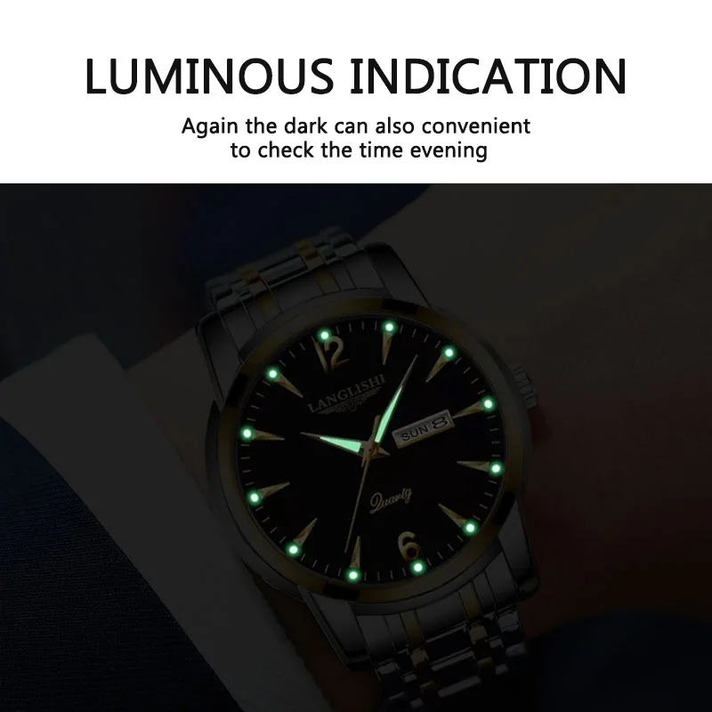 LANGLISHI 2020 Luksuzni Mens Ure Svetlobna Nepremočljiva iz Nerjavečega Jekla Watch Quartz Moških Datum Koledar Poslovnih Ure za moške