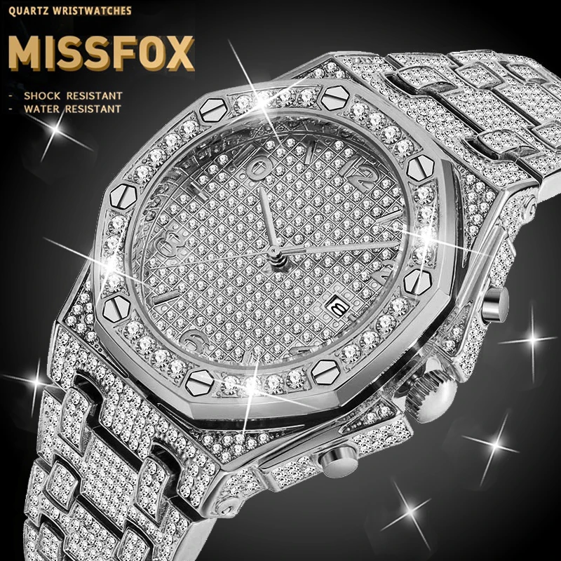 Dropshipping Watch Moških MISSFOX Lab Diamantni Set Silver Plated Diamond Gledajo Moški Modni Ledu Iz Top blagovne Znamke Hip Hop Pazi Za Moške