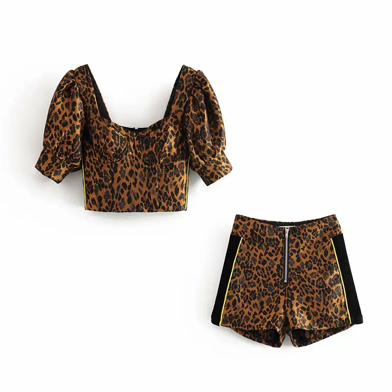 Dva kosa iz ženske Forlove vroče poletje leopard obreži zgoraj slim enostavno fit zip mini krilo žensko obleko določa