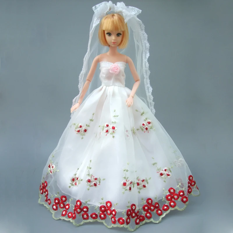 Celotno vse Okoli čipke obleko za barbie lutka v belo poročno obleko s tančico darilni set za baby girl