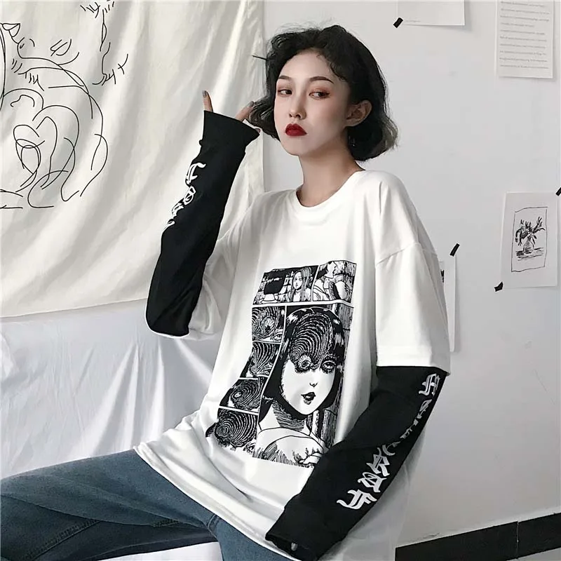 NiceMix Harajuku majica s kratkimi rokavi Ženske Ponaredek 2 Kosa Tiskanja Japonski Fujiang Groze Strip z Dolgimi Rokavi Ženske Vetement Femme 2020