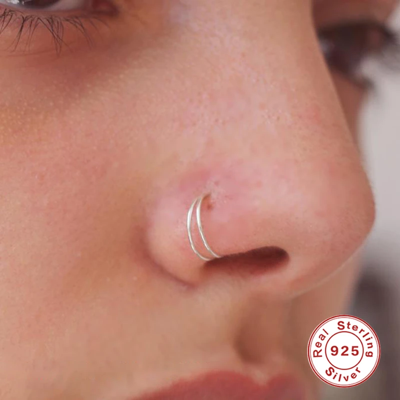 BOAKO 925 Sterling Srebro Piercing Nez Moda Sijajni Dvojni Krog Nos Obroči za Ženske Moški Body Piercing Nosu Hrustanca Nakit