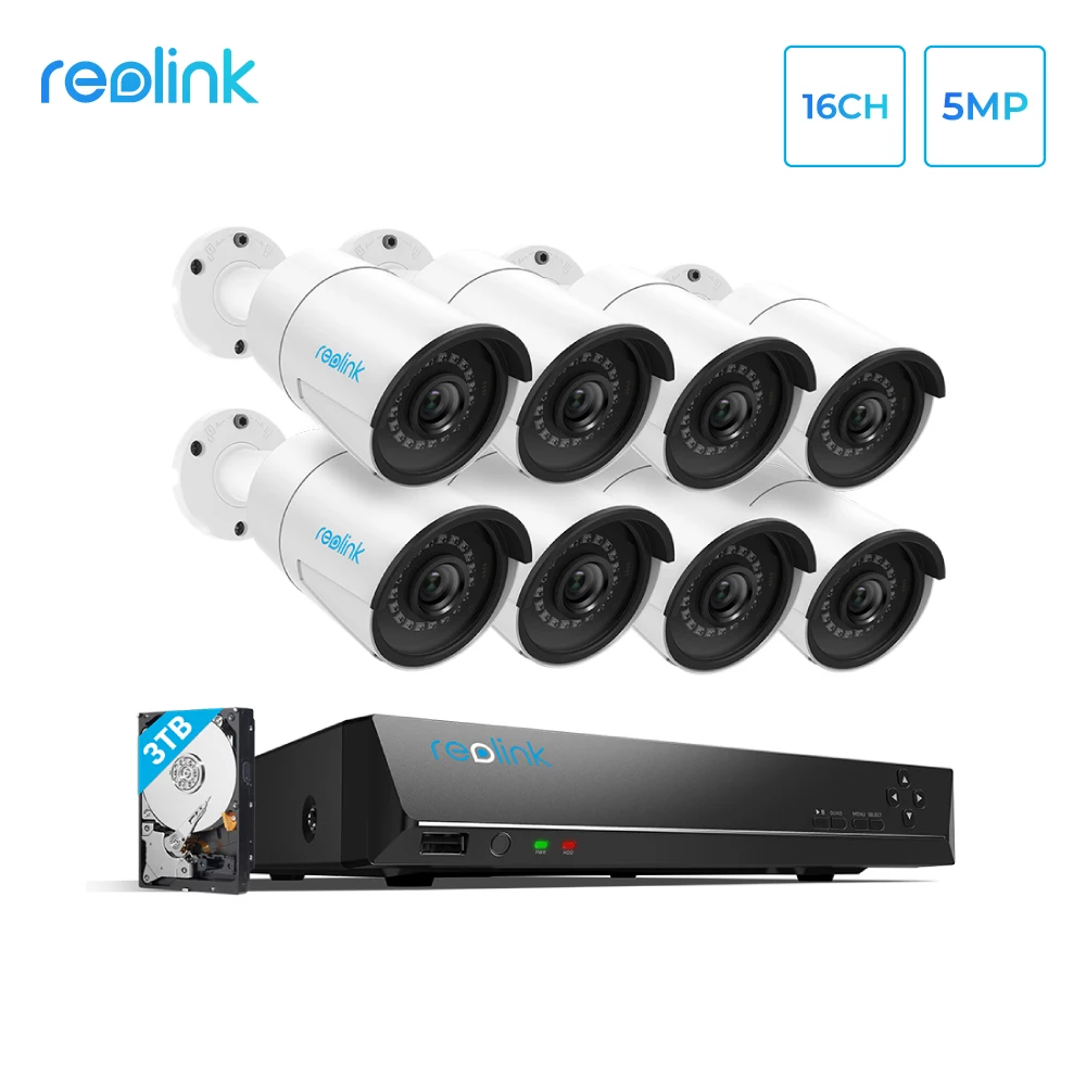 Reolink 5MP IP Varnostna Kamera Sistema PoE 16ch NVR&8 IP Zunanja Ir Kamere HDD 3TB RLK16-410B8
