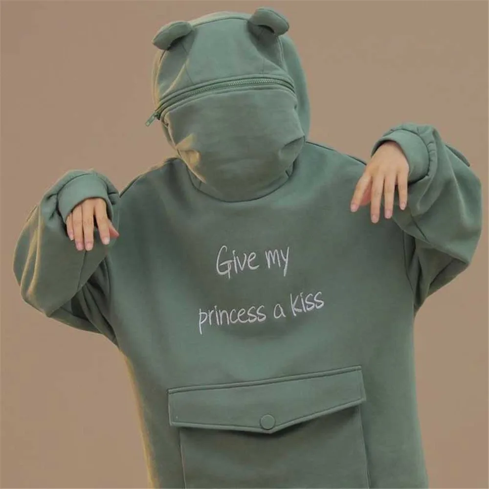 Harajuku Pisma Natisnjena Lovely Frog Priložnostne Hooded Hoodies Pulover Ženske Zgostitev Ženske Jeseni Debel Svoboden Majica