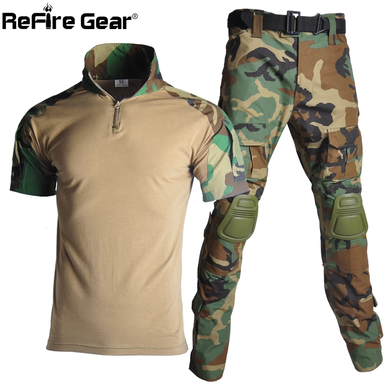 ReFire Orodje za Moške Multicam Taktično Enotna Oblačila RU US Army Vojaške T-Shirt + Tovora Hlače Airsoft S Ščitniki za Kolena Oblačila, ki