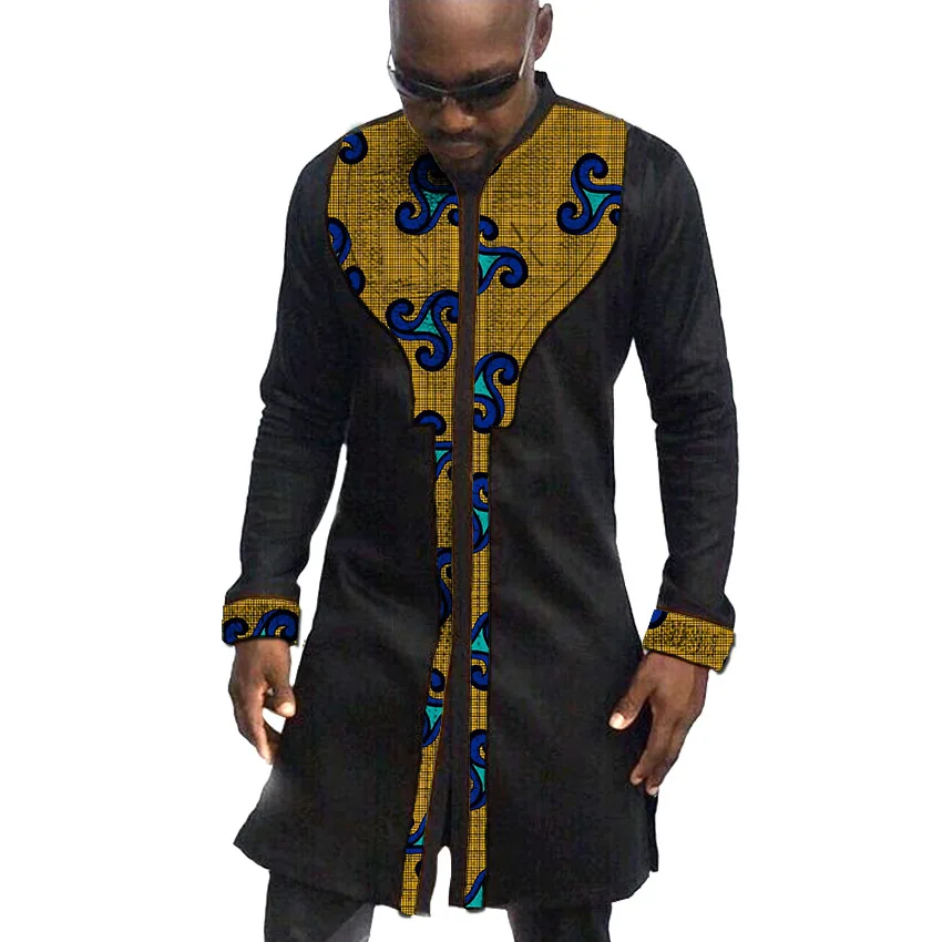 Afriška Oblačila za Moške Dolge Shirt Stojalo Ovratnik Ankara Črno Tiskanje Vrhovi Mozaik Dashiki Moške Obleke Za Poročne