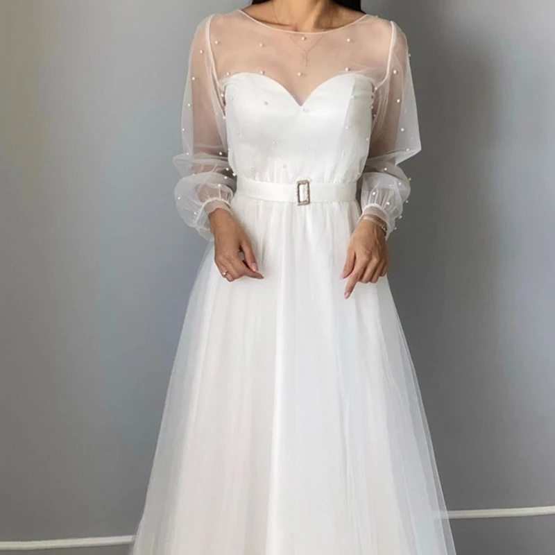 Preprost Dolg Rokav Navaden Šifon poročno obleko 2021 Z Pasu Krila Dolžina Tal Til Organza Bela Z Biseri Elegantno Princesa