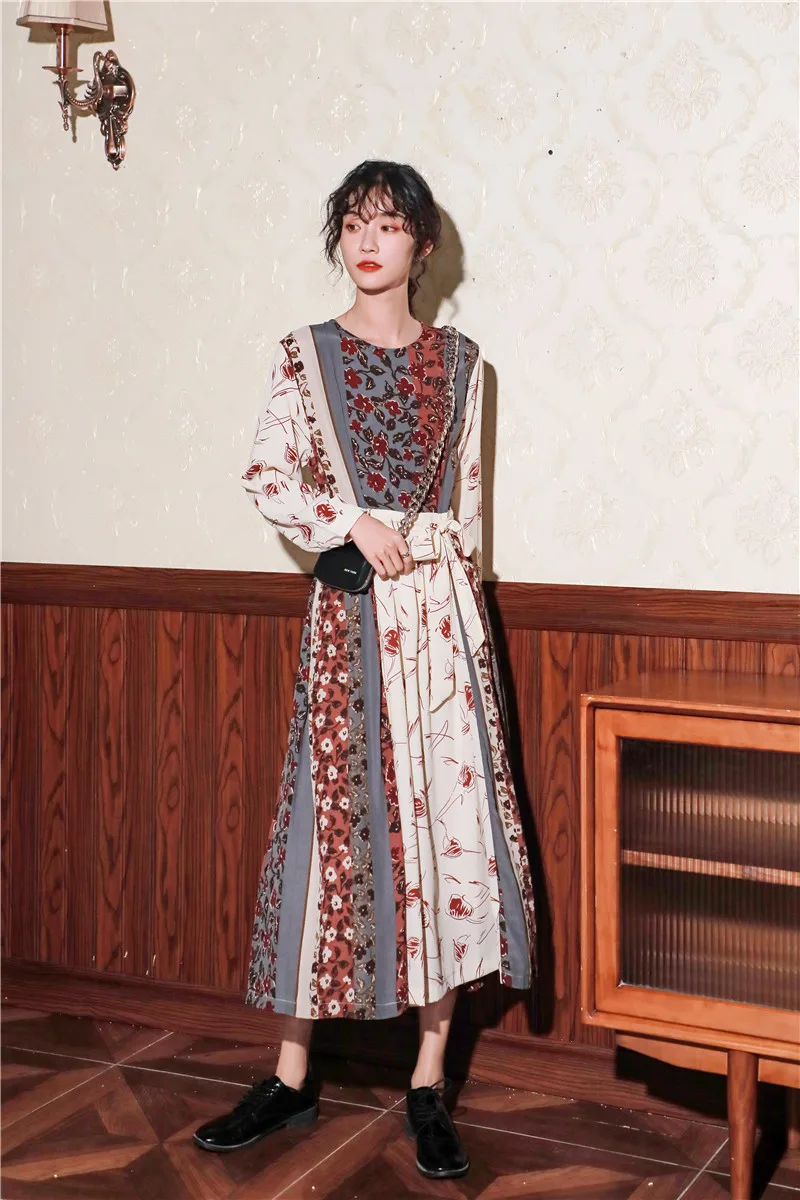 Francoski cvetlični obleko žensk pasu oblikovanje, šivanje dolgo retro platycodon Vezenje Stranka Visoko Pasu Dolgo klub, obleko