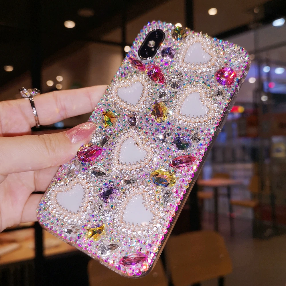 Luksuzni Diamond Pearl Ljubezen Srce Primeru Kritje Za iPhone Mini 12 11 Pro XS Max XR X 8 7 6S Plus SE DIY Bling Kristalno Ročno Primeru