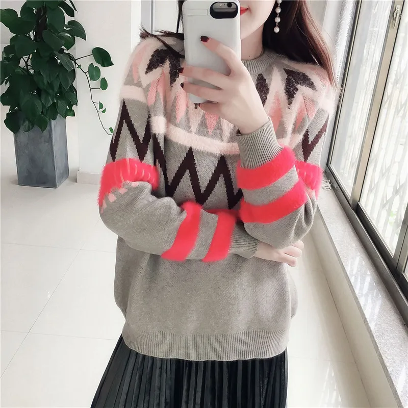 Jeseni korejska različica 2020 novo kariran pulover ženske okoli vratu jacquardske pulover svoboden hooded majica rokavi ženske
