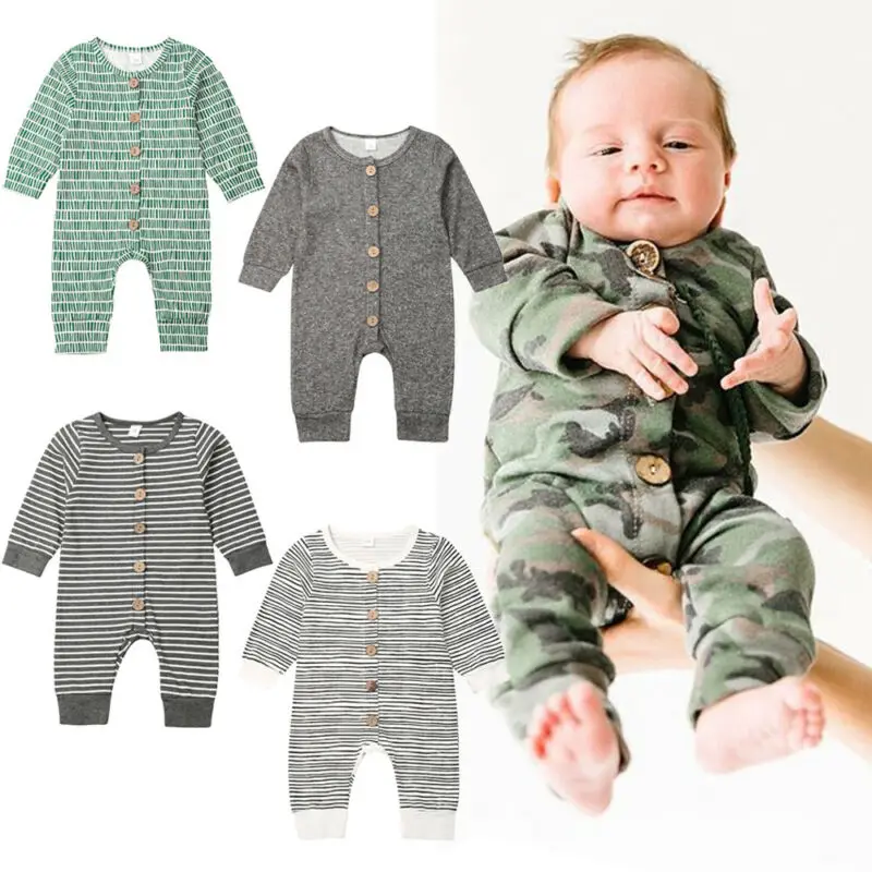 Emmababy Jeseni Priložnostne Novorojenega Dojenčka Baby Boy Dekle Z Dolgimi Rokavi Gumb Romper Jumpsuit Obleke Obleke Set